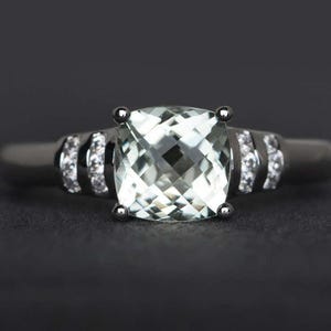 natural green amethyst ring cushion cut engagement ring green gemstone ring sterling silver ring