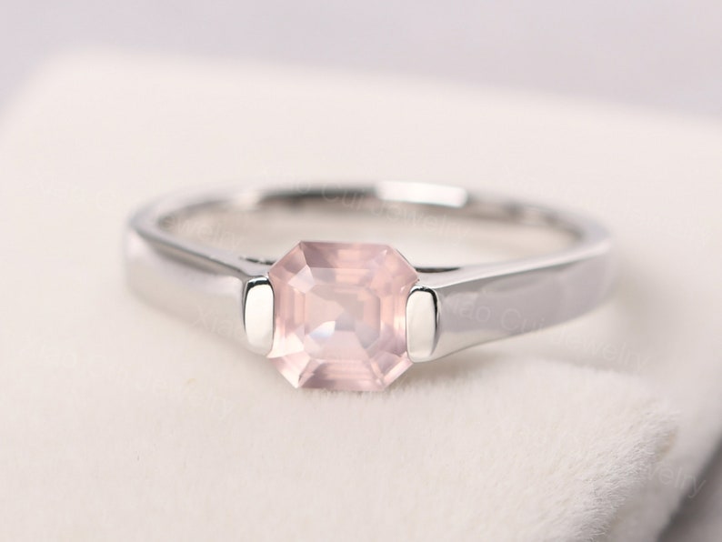 delicate rose quartz ring sterling silver asscher cut 6 mm pink quartz promise ring image 1