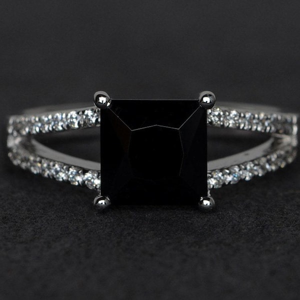 natural black spinel ring square cut black rings silver gemstone ring promise ring split shank ring