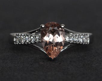 morganite ring engagement ring silver pink morganite engagement ring tear drop shape