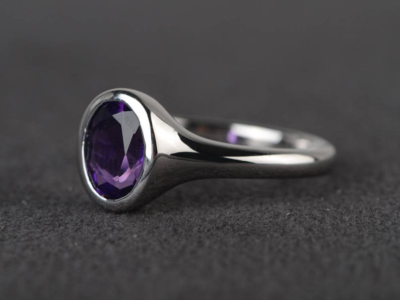 purple amethyst ring February birthstone ring oval cocktail ring vintage silver ring