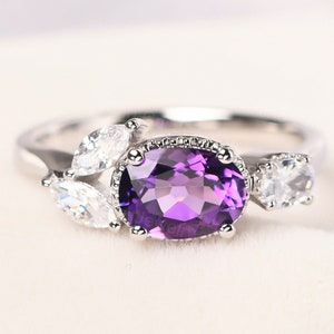 custom amethyst ring sterling silver 4 stones engagement ring oval shaped February birthstone ring