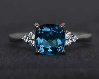 London blue topaz cushion cut engagement ring blue gemstone sterling silver November birthstone ring