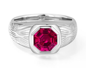 Anello da uomo con rubino e motivo a roccia screpolata, anello da uomo con fascia larga e pietra portafortuna di luglio