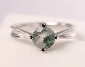 natural green moss agate engagement ring round cut 7 mm green stone solitaire ring