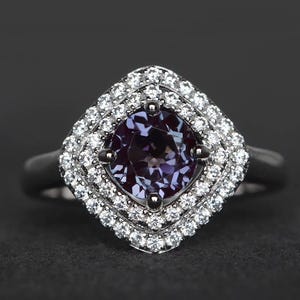 halo ring June birthstone ring lab alexandrite ring wedding ring round cut color change gemstone ring sterling silver