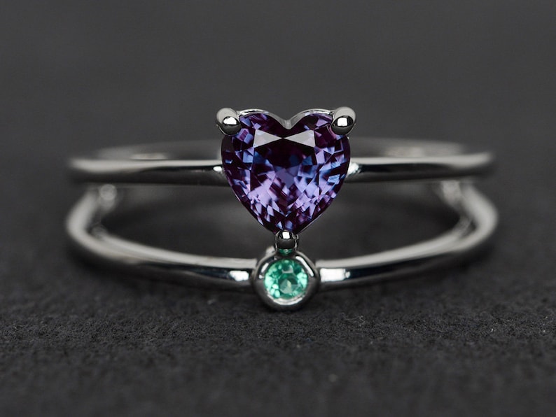 alexandrite ring heart cut engagement ring double band silver ring color change gemstone ring June birthstone ring