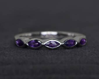bands amethyst marquise cut gemstone ring wedding bands women bezel setting sterling silver ring purple ring