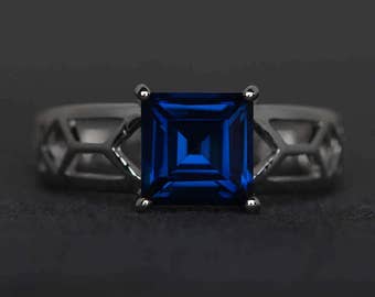 sapphire ring solitaire ring blue sapphire engagement ring square ring sapphire September birthstone ring