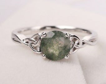 round shaped 7 mm natural moss agate ring sterling silver celtic knot ring for women
