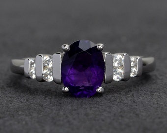 oval amethyst ring genuine gemstone ring engagement ring purple amethyst rings silver February birthstone ring birthday gift