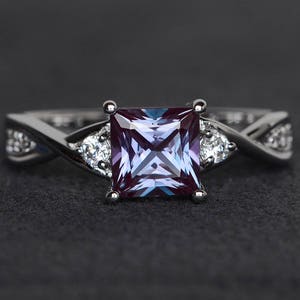 princess cut alexandrite ring twist band engagement ring sterling silver color changing June birthstone