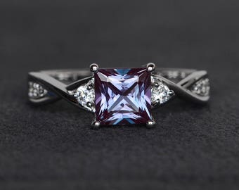 princess cut alexandrite ring twist band engagement ring sterling silver color changing June birthstone