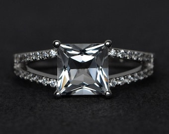Natürlicher weißer Topas Ring Silber Princess Cut weiße Topas Verlobungsringe geteilter Schaft Edelstein Ring