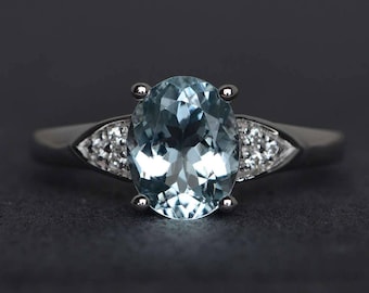 blue aquamarine ring oval cut engagement ring gemstone ring sterling silver March birthstone