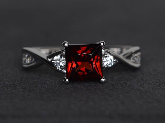 princess cut garnet engagement ring red gemstone ring January birthstone ring sterling silver ring