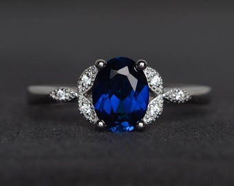 blue sapphire ring engagement ring September birthstone sterling silver ring oval cut gems blue gemstone
