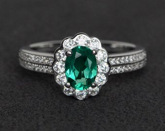 emerald ring halo ring silver engagement ring green gemstone ring oval cut May birthstone ring