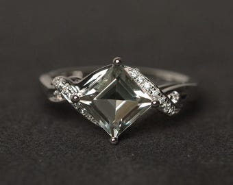 green amethyst ring silver bridal ring February birthstone ring princess cut engagement ring