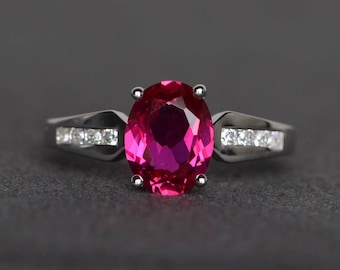 lab ruby ring anniversary ring oval cut red gemstone sterling silver ring July birthstone ring