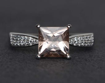 morganite engagement ring pink gemstone ring princess cut morganite ring silver wedding ring