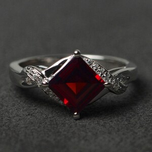 square cut garnet ring January birthstone ring silver engagement ring red gemstone ring garnet jewelry