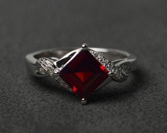 square cut garnet ring January birthstone ring silver engagement ring red gemstone ring garnet jewelry