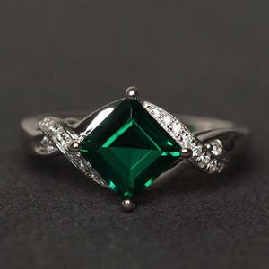 Anillo de esmeralda de corte cuadrado, anillo de plata esterlina, anillo de compromiso con esmeralda, anillo con piedra de nacimiento de mayo, joyería con esmeralda