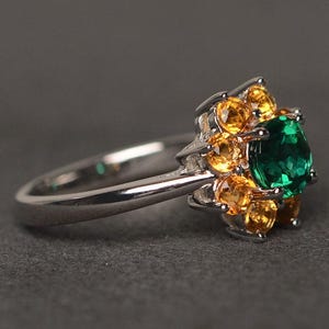 Anillo de esmeralda de laboratorio con girasol y piedra preciosa verde de corte redondo, anillo de compromiso, anillo de plata esterlina imagen 2