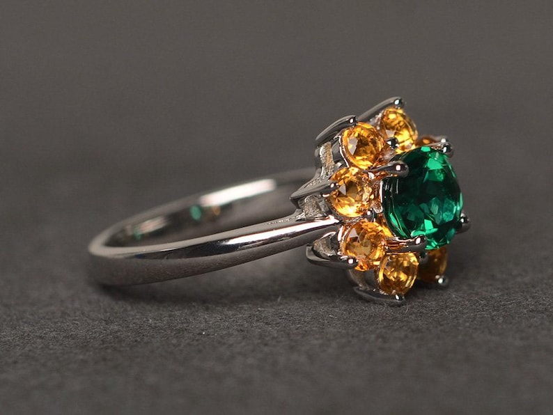 Anillo de esmeralda de laboratorio con girasol y piedra preciosa verde de corte redondo, anillo de compromiso, anillo de plata esterlina imagen 2