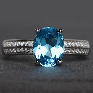 anniversary ring Swiss blue topaz ring oval cut gemstone sterling silver ring