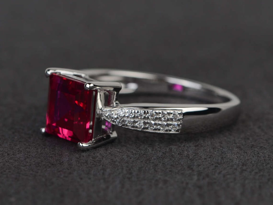Ruby Ring Silver Square Cut Ruby Engagement Ring Sterling Etsy