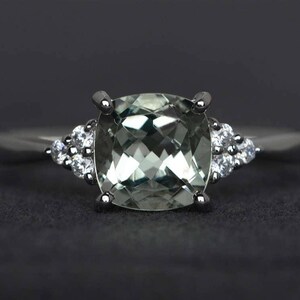 green amethyst ring cushion cut wedding engagement ring sterling silver green gemstone ring