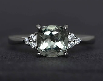 Anillo de amatista verde con corte cojín, anillo de compromiso de boda, anillo de plata esterlina con piedra preciosa verde