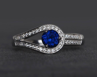 wedding ring blue sapphire ring round cut blue gemstone sterling silver ring September birthstone