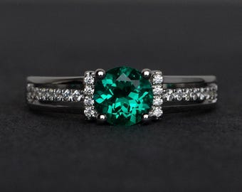 green emerald ring emerald engagement ring anniversary rings silver round cut emerald May birthstone ring