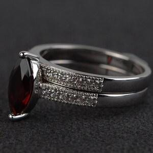 natural garnet ring set engagement ring silver marquise cut red gemstone rings January birthstone ring bridal ring set image 2