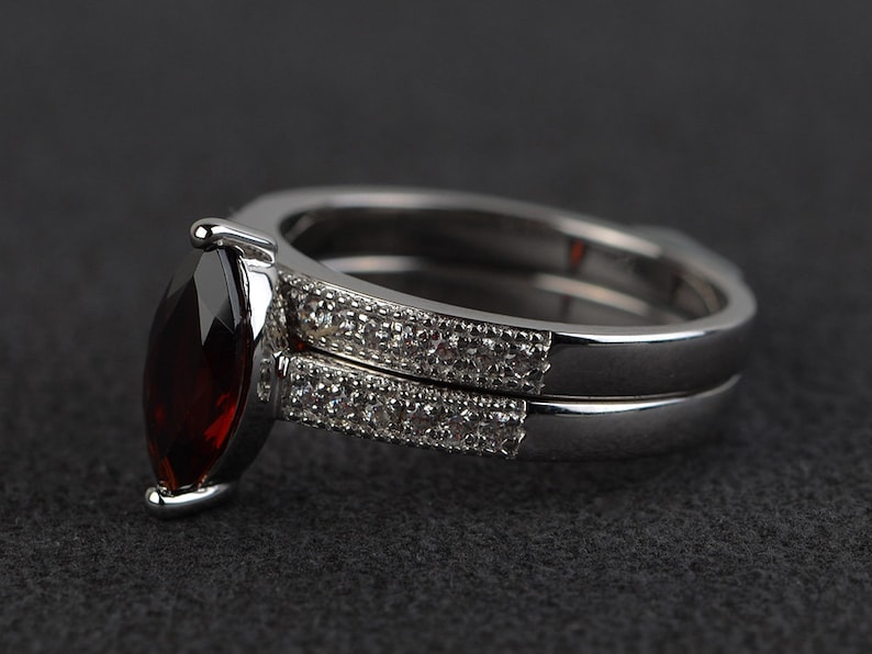 natural garnet ring set engagement ring silver marquise cut red gemstone rings January birthstone ring bridal ring set image 2