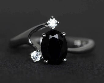 oval black spinel ring party ring engagement ring sterling silver delicate ring black rings gemstone ring promise ring three stone ring