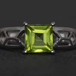 square cut peridot ring green gemstone ring sterling silver peridot engagement ring August birthstone ring solitaire ring