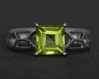 square cut peridot ring green gemstone ring sterling silver peridot engagement ring August birthstone ring solitaire ring