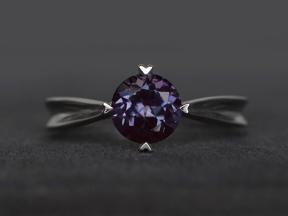 solitaire ring anniversary ring lab alexandrite ring round cut color change gemstone ring June birthstone ring sterling silver