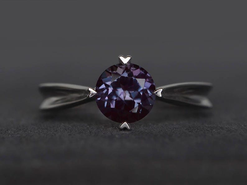 solitaire ring anniversary ring lab alexandrite ring round cut color change gemstone ring June birthstone ring sterling silver image 1