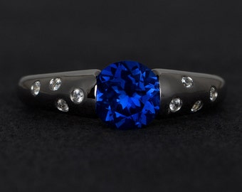 blue sapphire ring silver round cut sapphire gemstone ring sapphire engagement rings promise ring bezel setting