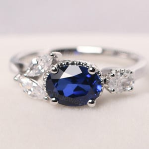 custom sapphire ring sterling silver flower engagement ring oval shaped September birthstone ring