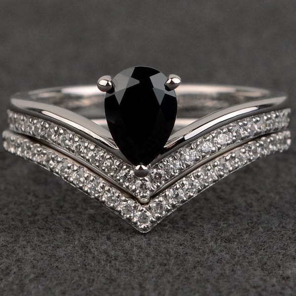 natural black spinel ring black rings wedding engagement ring set women pear cut gemstone rings set silver