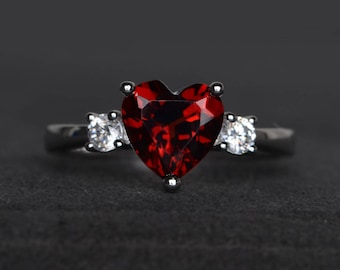 natural red garnet ring promise ring heart cut gemstone January birthstone ring