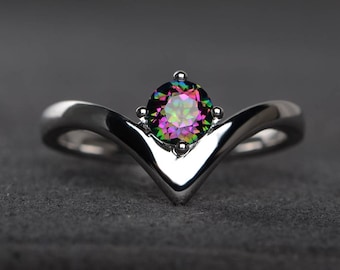 mystic topaz ring wedding ring round cut rainbow gemstone sterling silver ring solitaire ring