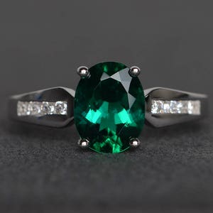 oval cut lab emerald ring promise green gemstone sterling silver ring May birthstone ring