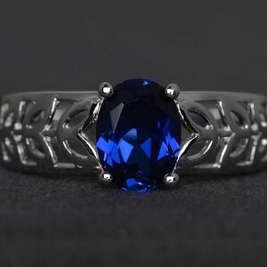 oval cut blue gemstone lab sapphire ring wedding ring sterling silver ring September birthstone solitaire ring